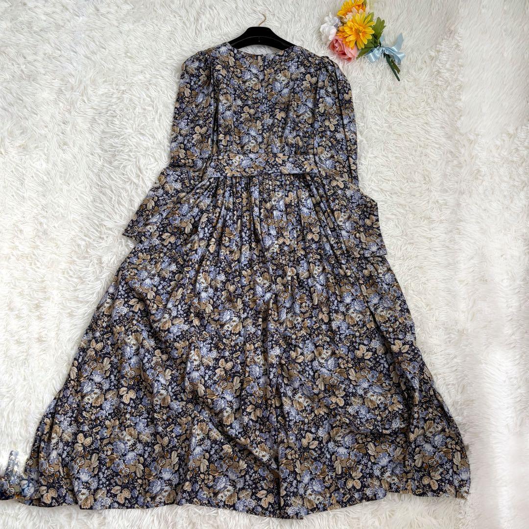 美品　ローラアシュレイ　花　ギャザー　スクエアネック　マキシ　ワンピース　ベルト