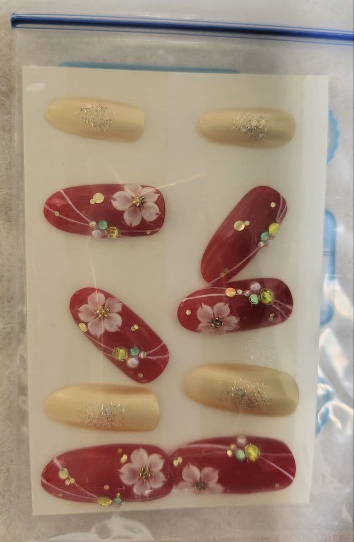 M*5様 ［美品］金色 花柄 刺繍和装用バッグ　ぞうりM　ネイルチップセット　振