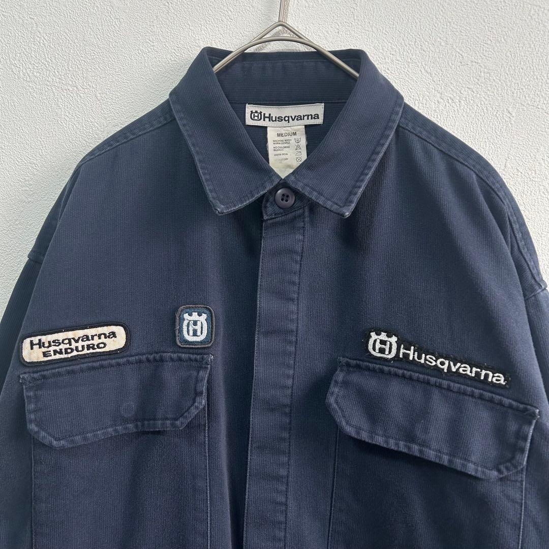 【Husqvarna】ジャケット　刺繍ロゴ　作業着　バイカー　ネイビー　ワッペン
