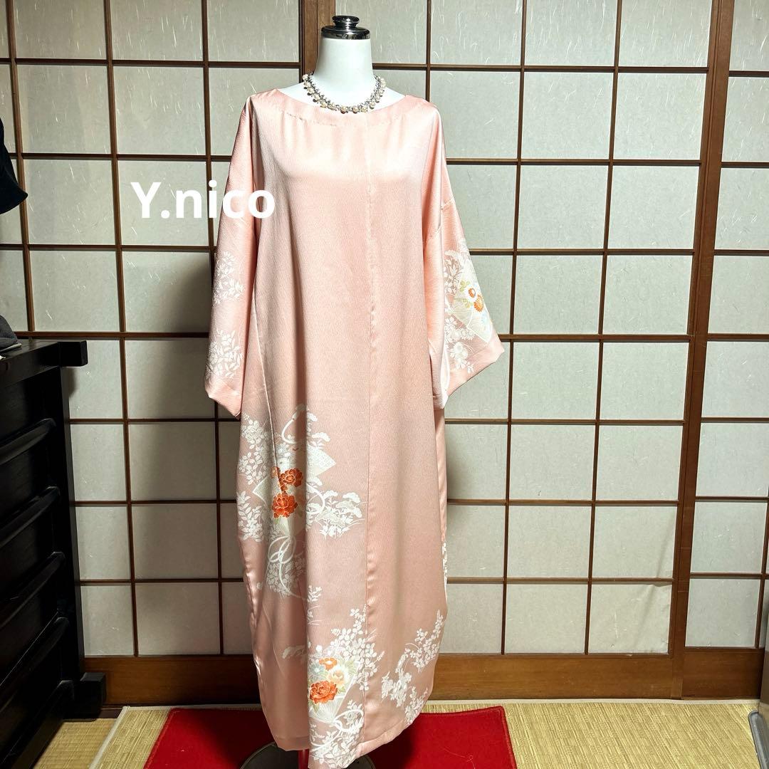 LL着物リメイク 正絹 春色綸子附下げシンプルゆったりワンピース入学式結婚式OK