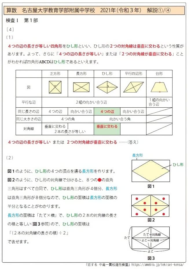 名古屋大学教育学部附属中学校　入学試験問題(中学検査)解答・解説集