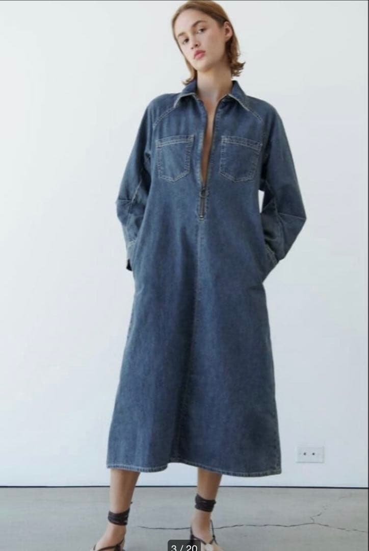 ZARA デニムロングワンピース　ジップ　シャツ　ファスナー　大きめ　XL