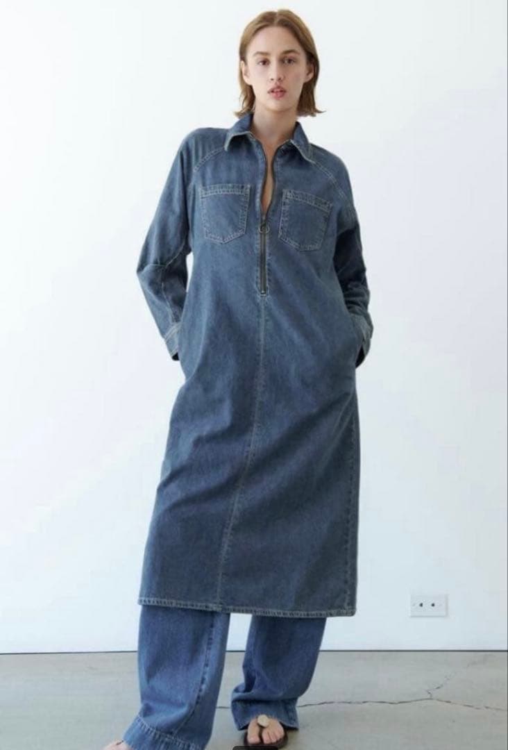 ZARA デニムロングワンピース　ジップ　シャツ　ファスナー　大きめ　XL