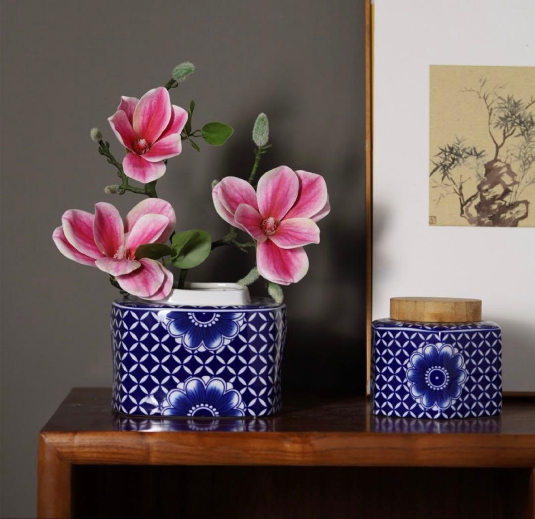 花瓶青小さめ蓋つきモダンお洒落大人可愛いお正月海外インテリアチャイナシノワズリ壺