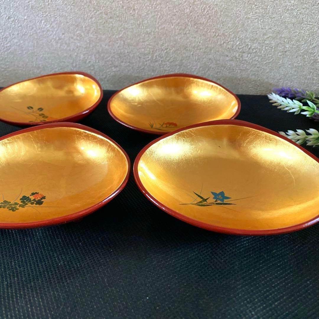 【縁起物】山中塗 手描蒔絵 珍味入れ 小皿 はまぐり ５客 金箔 金彩