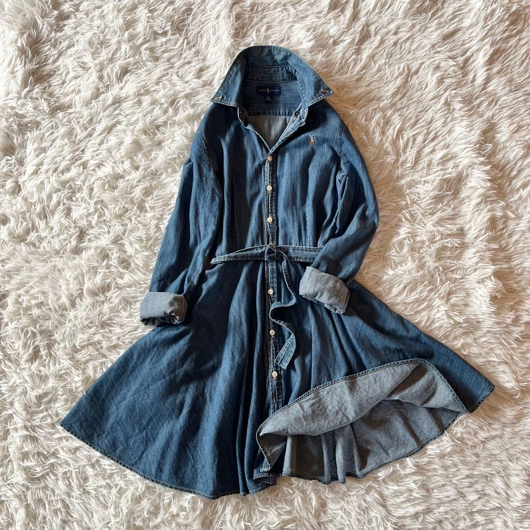 人気✨ ラルフローレン デニムシャツワンピース フレア ロゴ刺繍 ウエストベルト