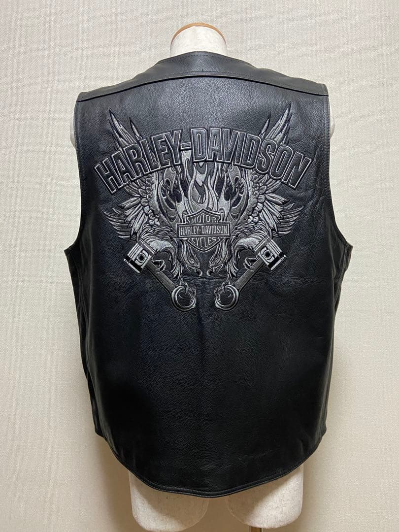 Harley-Davidson Leather Vest 背中刺繍 2XL 黒