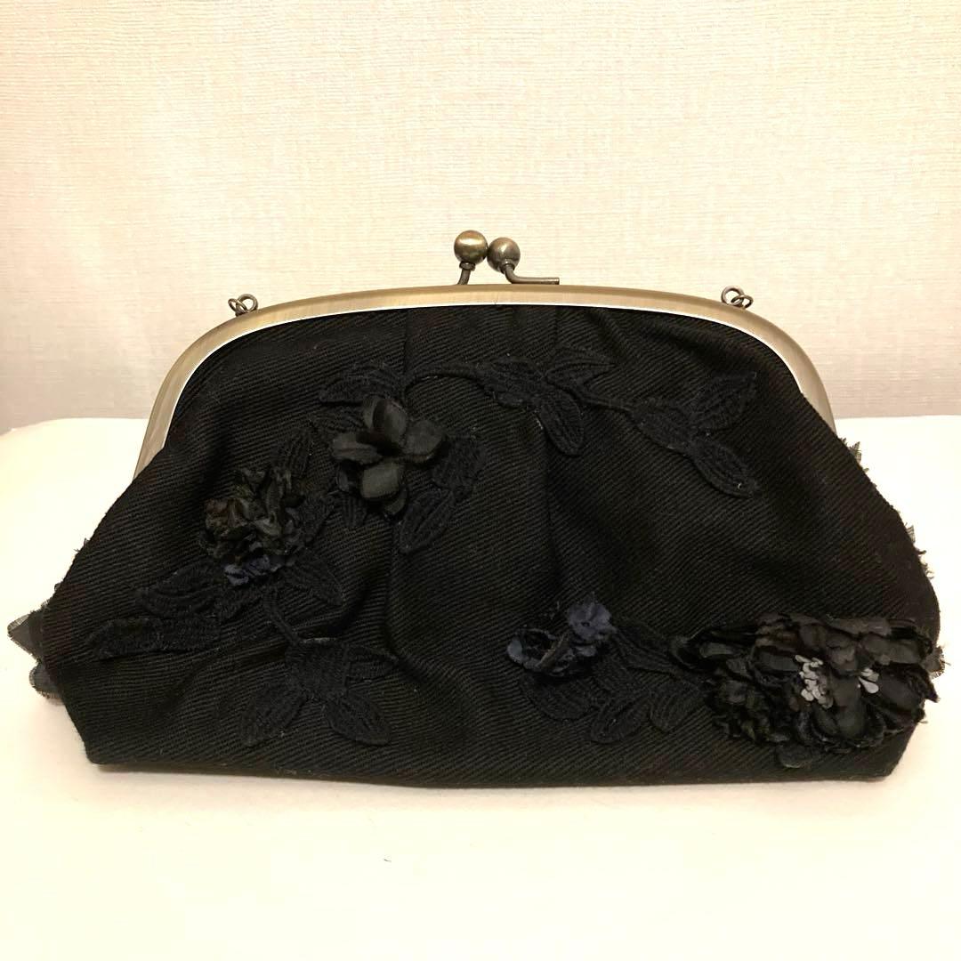 Msoeur エムスール　お花がま口バッグ　黒　刺繍　パーティバッグ