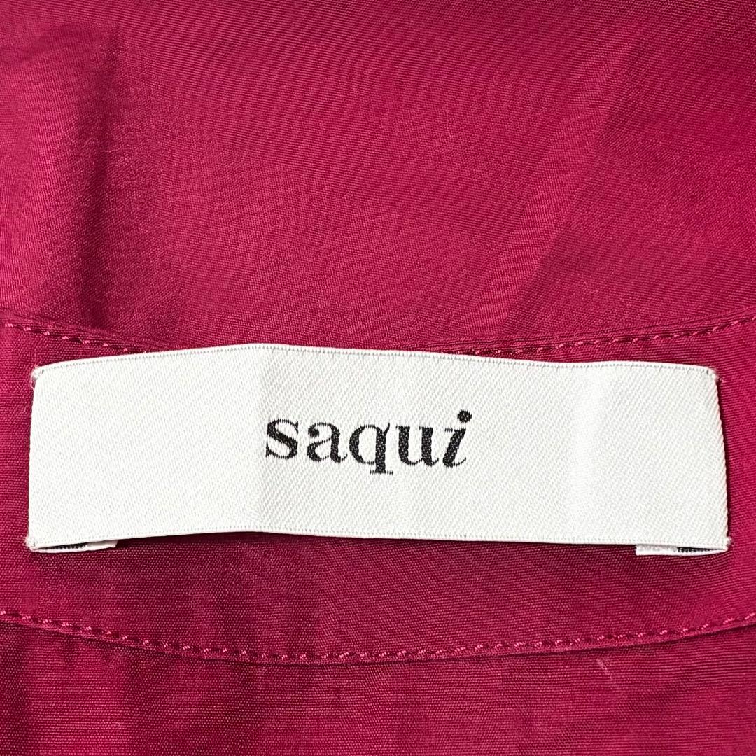 美品 SAQUI コットンタイプライター Vネック ワンピース ボルドー 五分袖