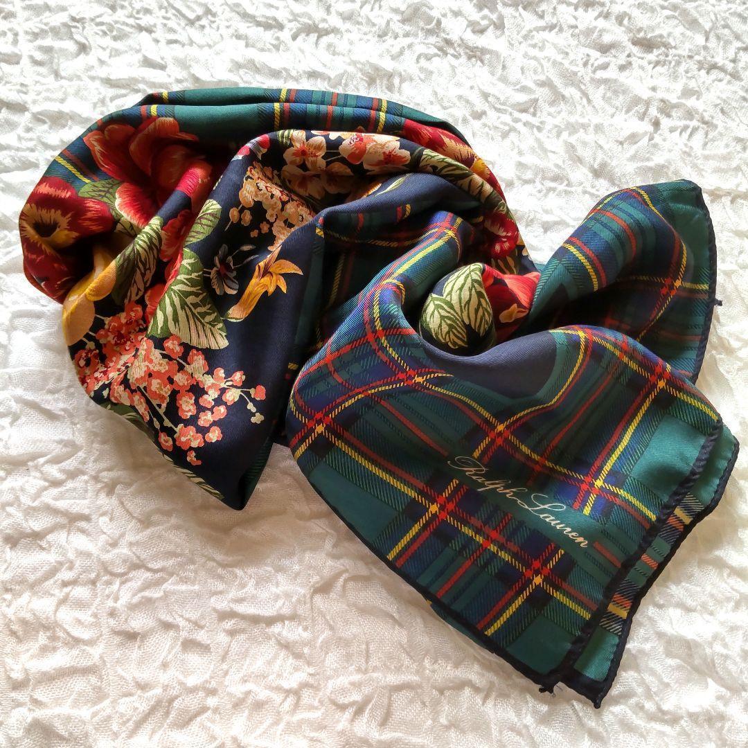 美品　Ralph Lauren　シルクスカーフ 大判 総柄 花柄チェック　亀井