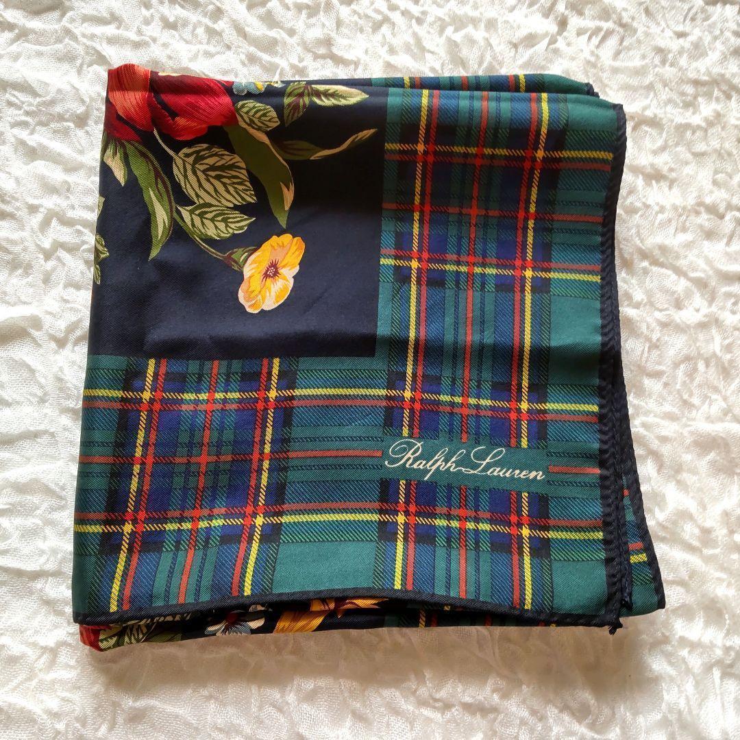 美品　Ralph Lauren　シルクスカーフ 大判 総柄 花柄チェック　亀井