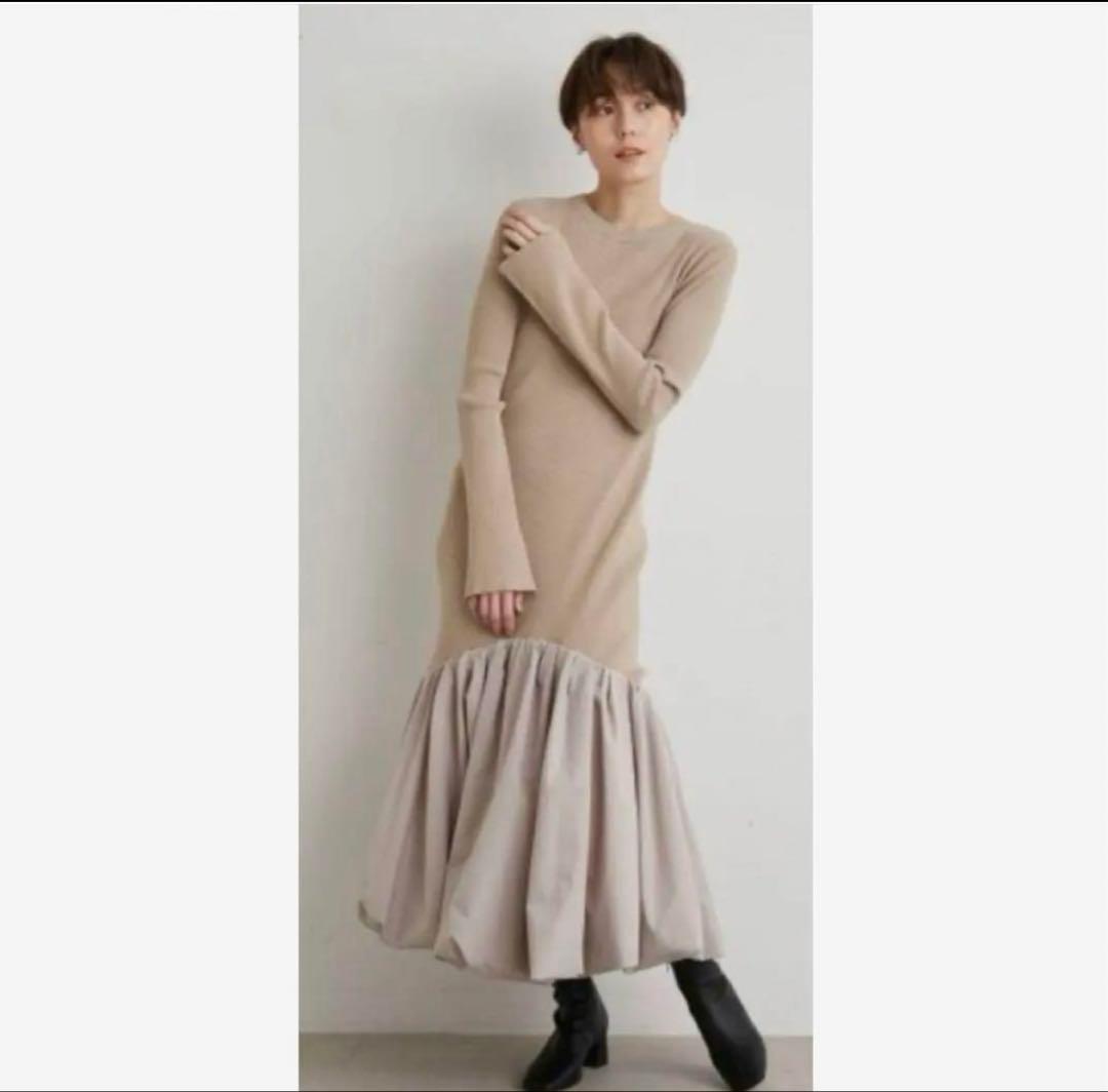 エミ　emmi atelier ニットドッキングタフタドレスワンピースベージュM