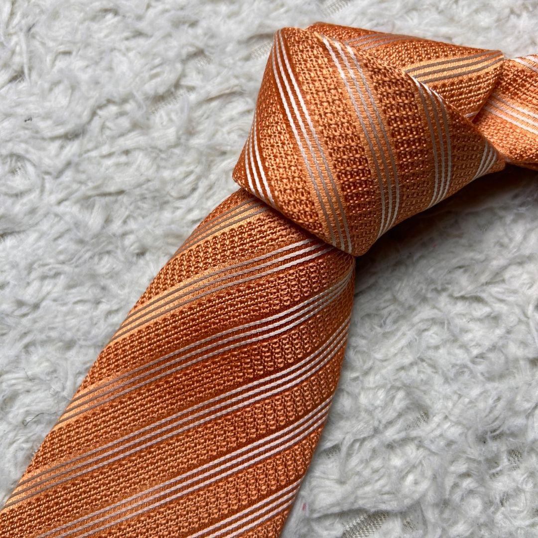 【未使用タグ付】 Brioni ブリオーニ ネクタイ ストライプ オレンジ 光沢