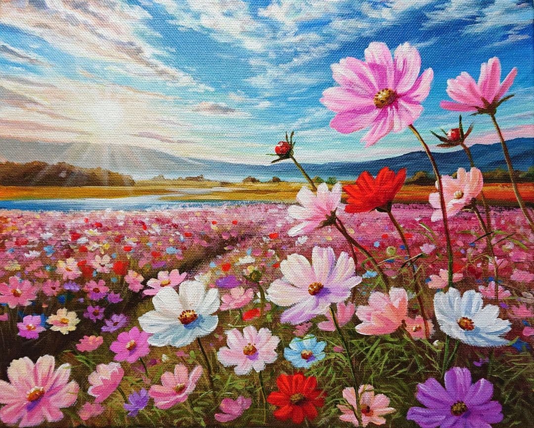 【秋桜の眺め】アクリル画 F3 風景画 絵画