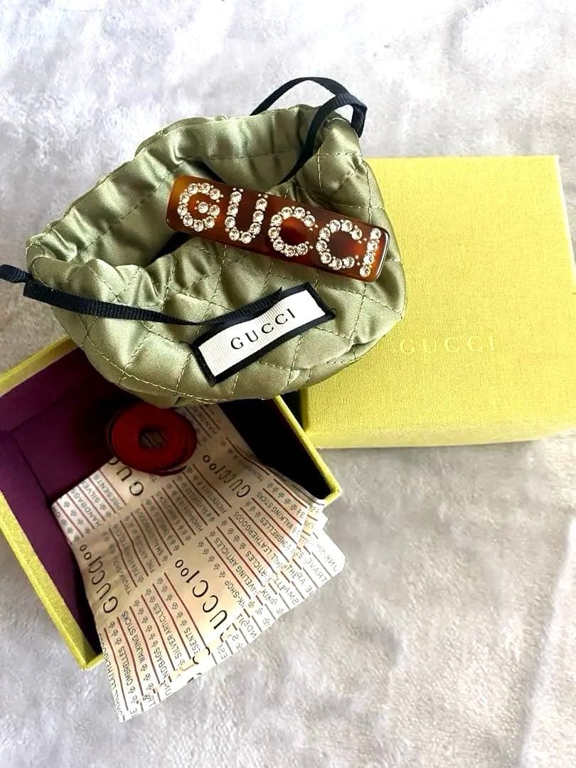 GUCCI クリスタルヘアピン バレッタ　ブラウン　べっ甲