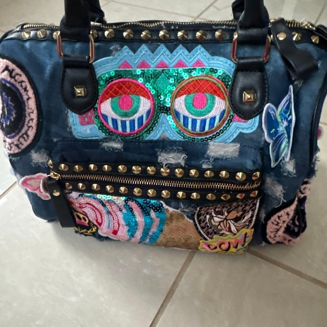 美品 デニムブルー 刺繍パッチ 2wayバッグ