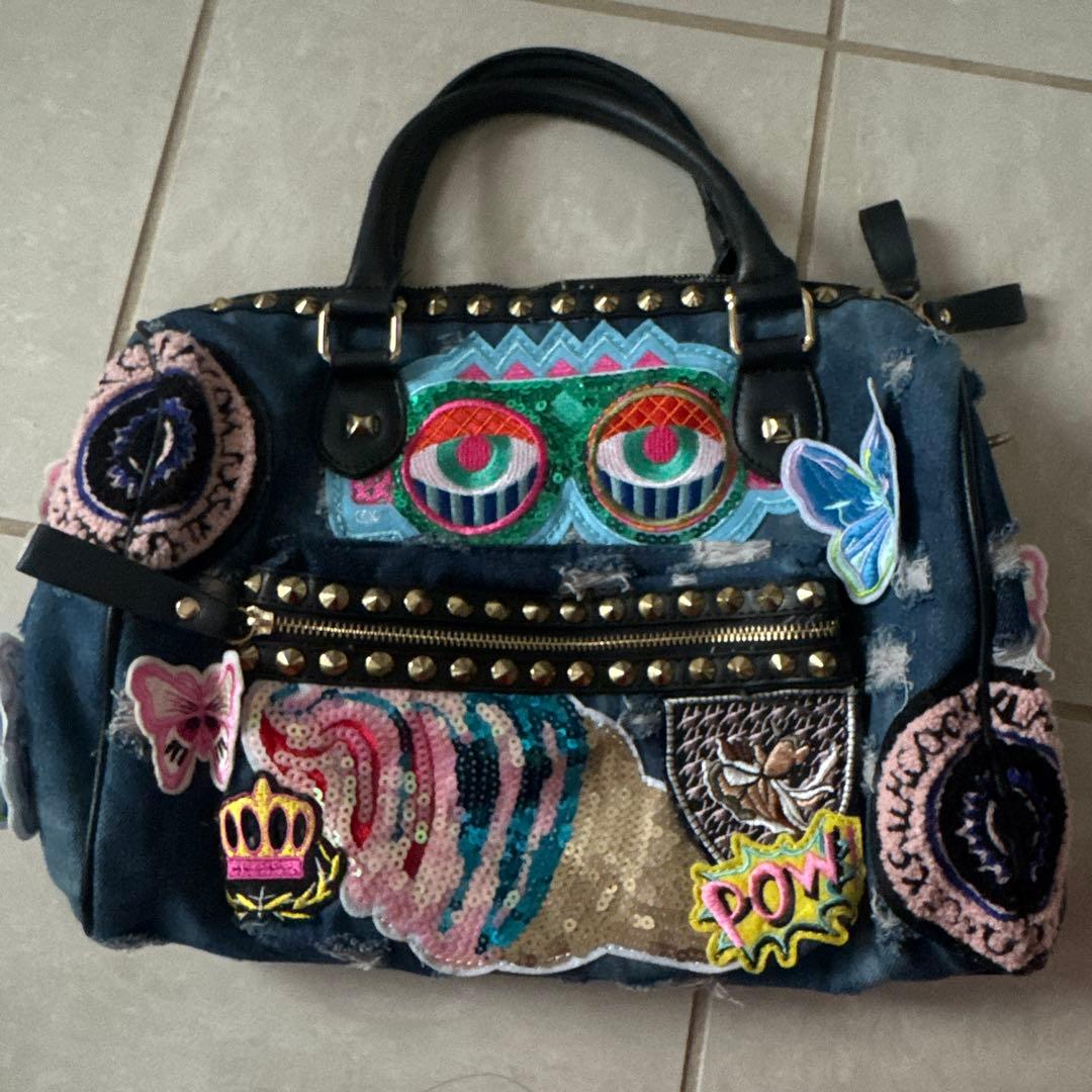 美品 デニムブルー 刺繍パッチ 2wayバッグ