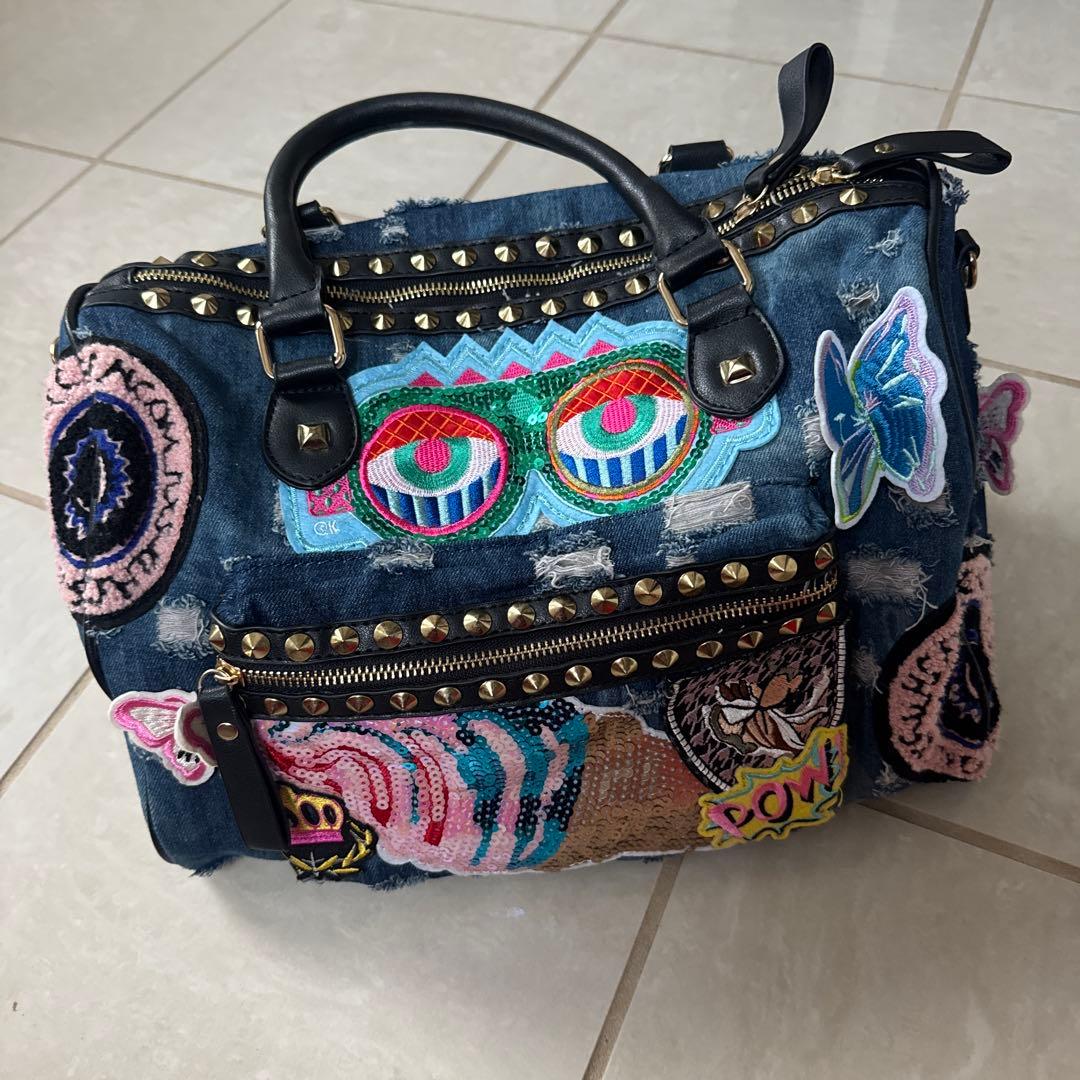 美品 デニムブルー 刺繍パッチ 2wayバッグ