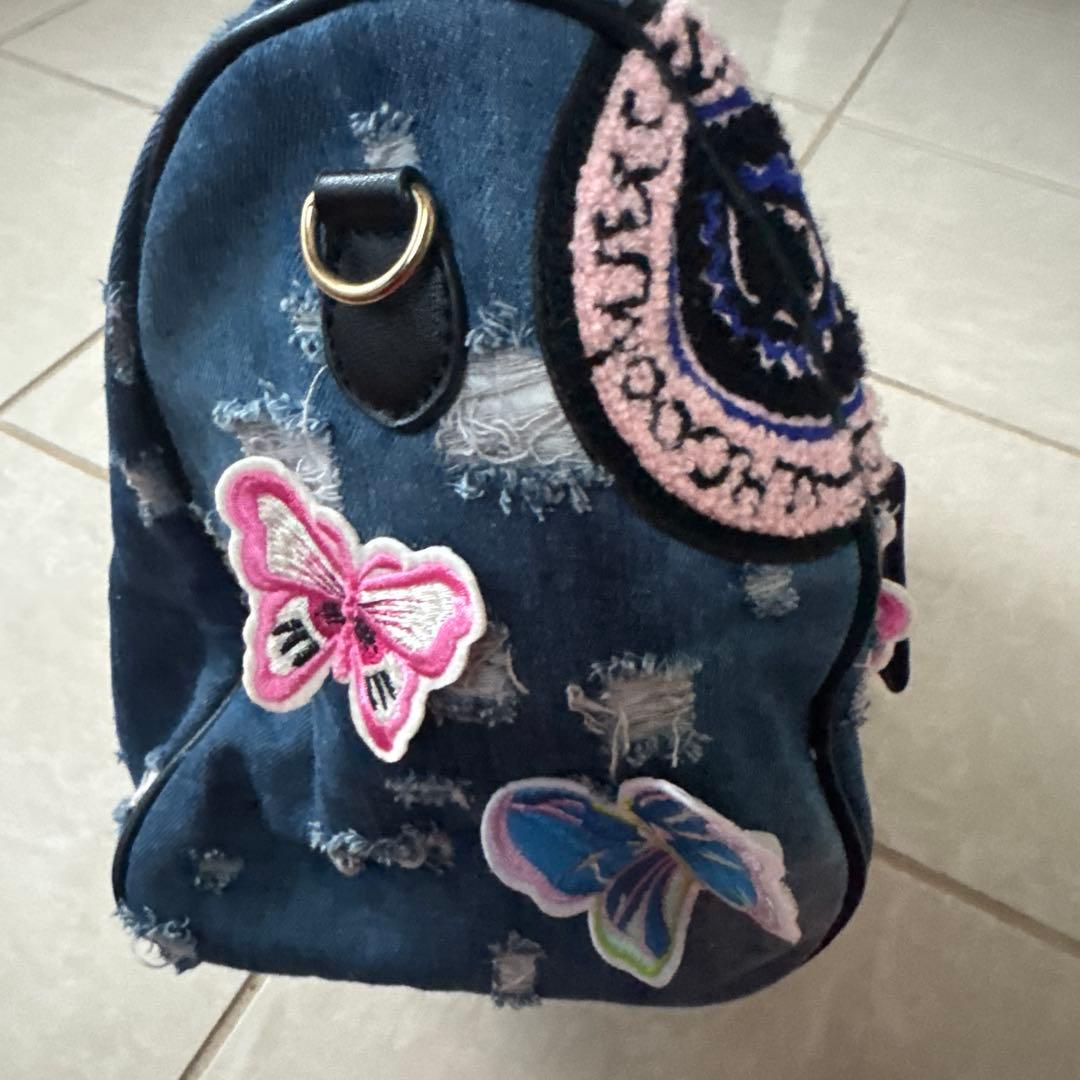 美品 デニムブルー 刺繍パッチ 2wayバッグ