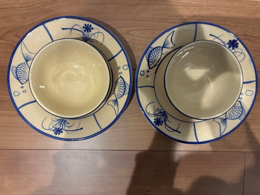 ソンべ焼き　ベトナム ライテウ焼き　陶器 手描き魚と植物の飯碗　大皿4個セット