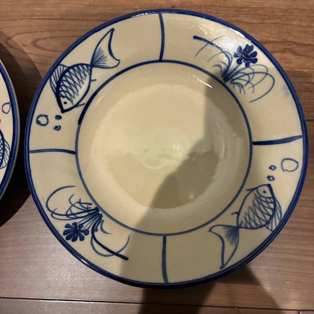 ソンべ焼き　ベトナム ライテウ焼き　陶器 手描き魚と植物の飯碗　大皿4個セット