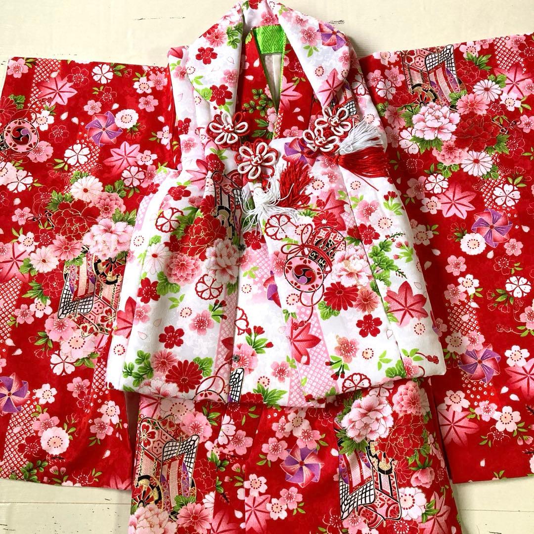 3歳　七五三　着物　被布セット　女の子　白　赤