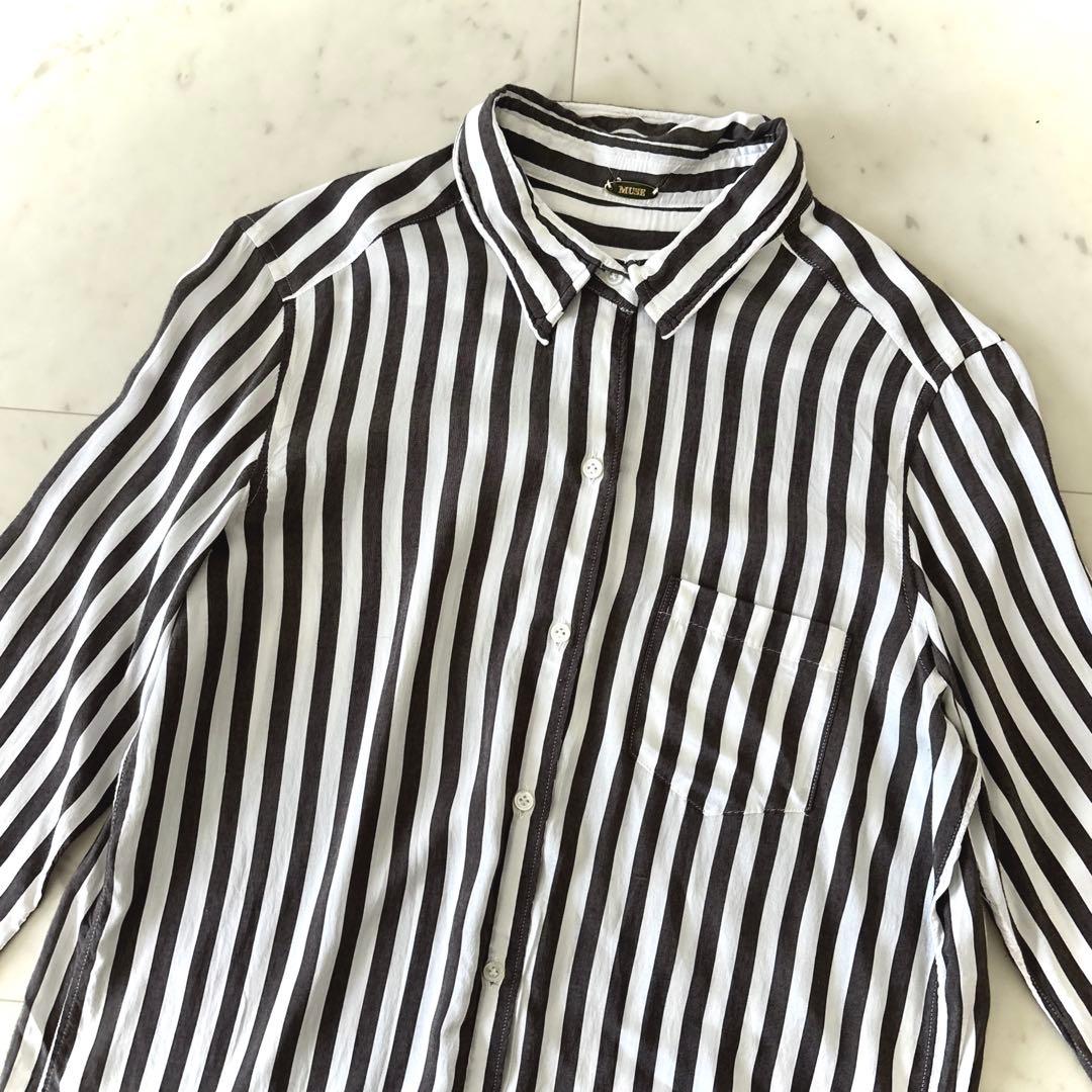 美品 ミューズドゥ ドゥーズィエムクラス シルク混 ストライプシャツ ブラック