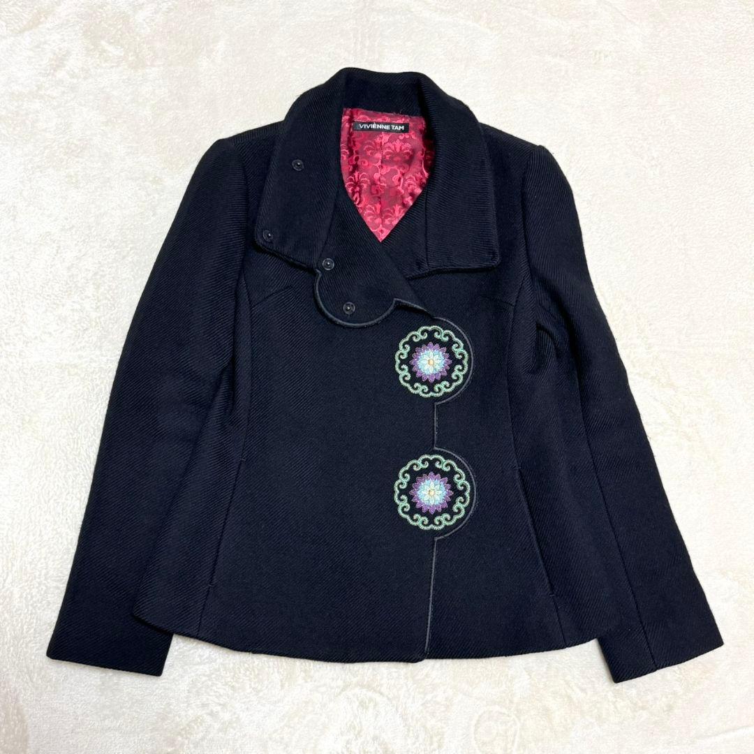 美品 ヴィヴィアンタム 刺繍 ハイネック ジャケット 裏地総柄 黒