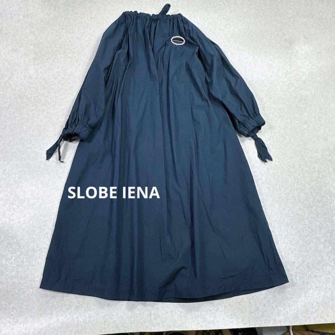 スローブイエナ タイプライター バックリボン ギャザー ワンピース ネイビー