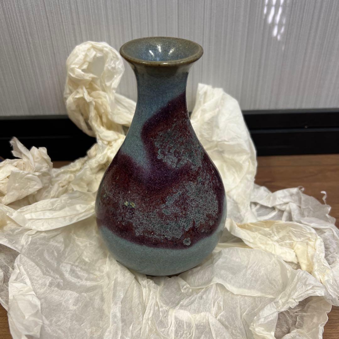 陶器製細長花瓶 紫と青のグラデーション