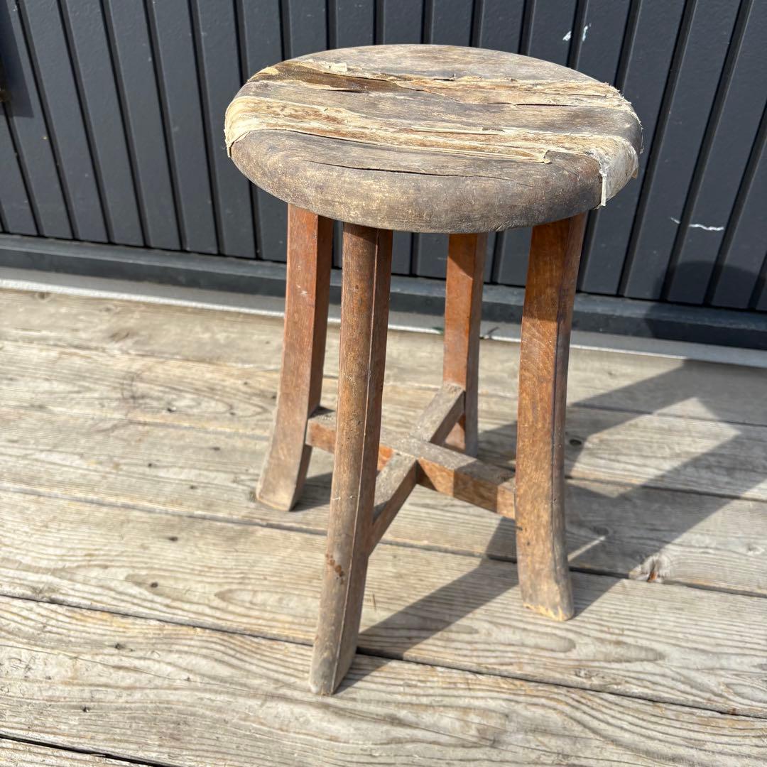 昭和レトロ 丸スツール 木製 古家具 古道具 アンティーク シャビー 割れあり