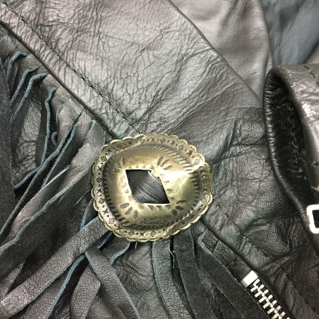 古着 MARI'S ROCK ブラックレザー ビッグコンチョ フリンジライダース