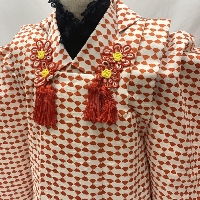 603ag17□七五三 三歳 女児 着物&被布 モダン 総柄 扇文様□美品