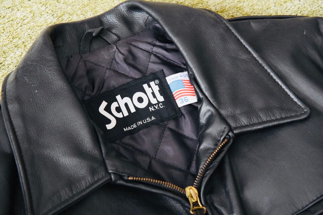 Schott ブラック レザー シングルライダースジャケット 36