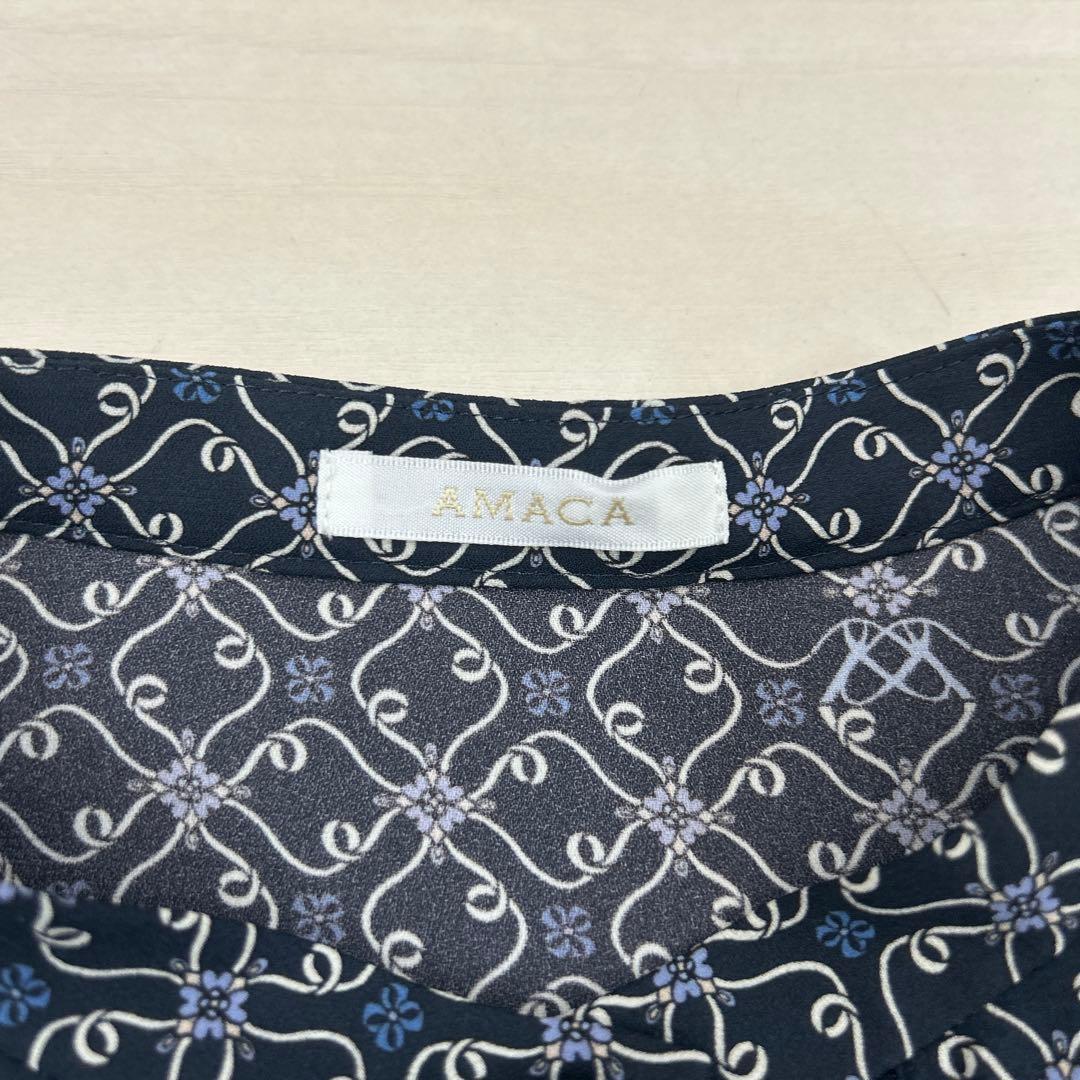 AMACA ネイビー総柄シャツワンピース　ウエストマーク
