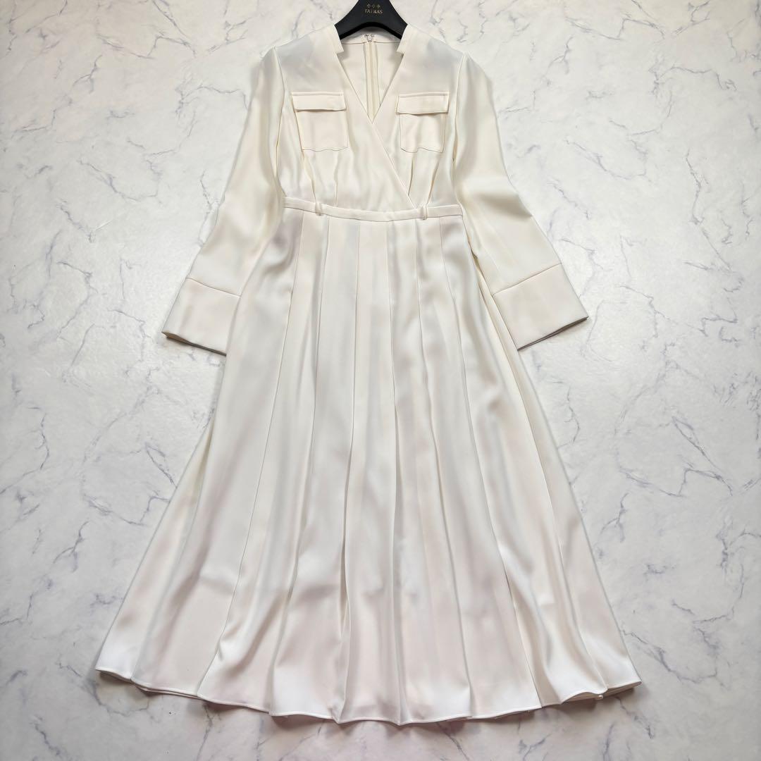 極美品 アニュアンス 2025 ダブルサテンノーカラータックワンピース