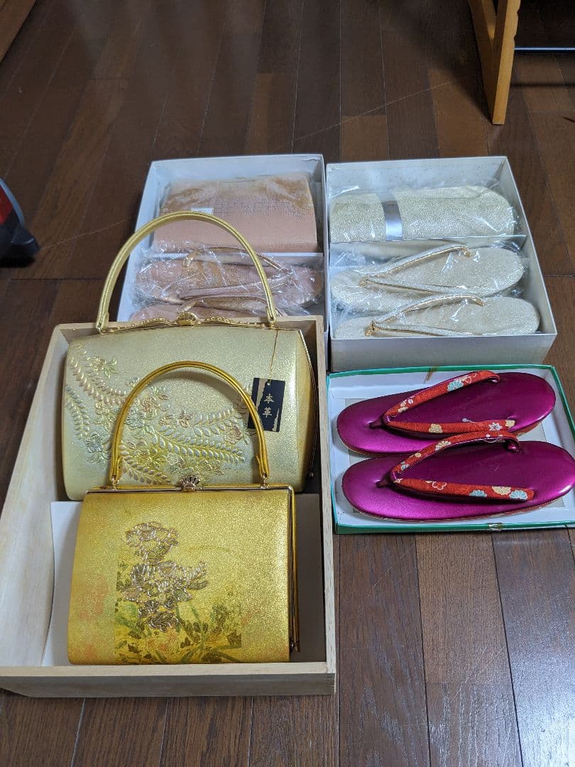 金色 花柄 和装用バッグと草履セット