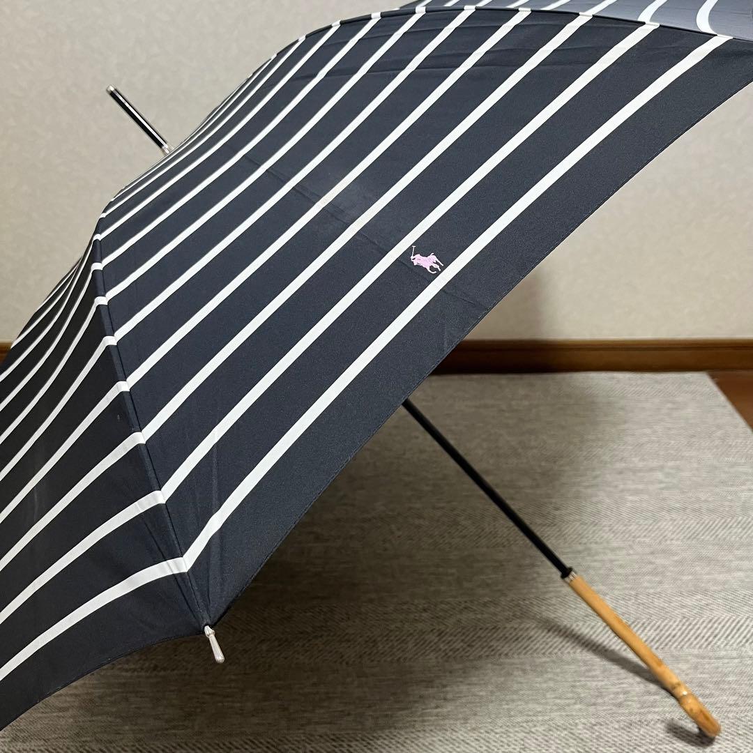美品　ポロラルフローレン　ボーダーブラック　晴雨兼用　ジャンプ式長傘　一本傘