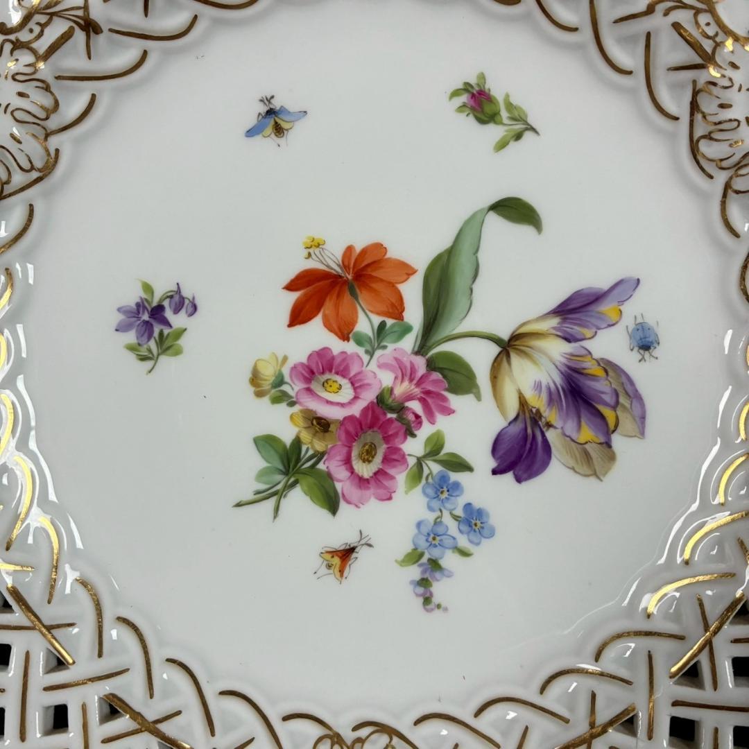 美品 マイセン 透かし皿 透かし細工金彩プレート 花と昆虫 額皿 MEISSEN