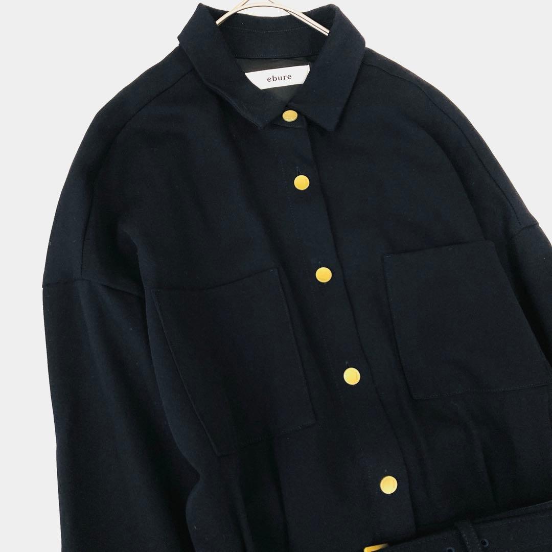 美品✨️エブール　シャツワンピース　金ボタン　ベルト　フレア　マキシ丈　濃紺　36