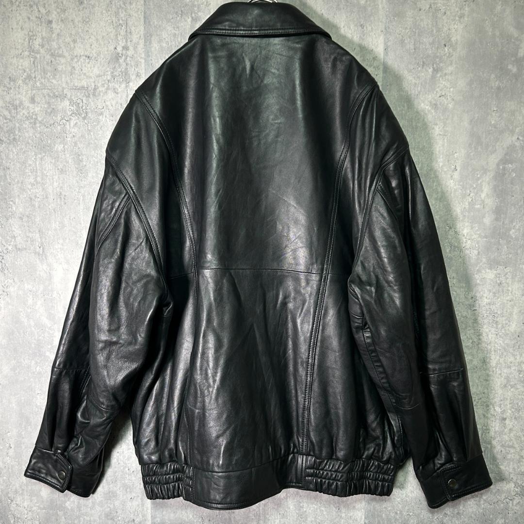 大きいサイズ 本革 レザージャケット ブルゾン 黒 エンボスロゴ