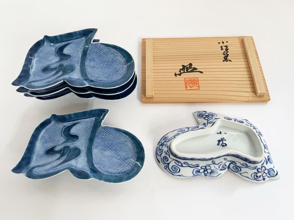 ■染付 風ノ字向附 小皿／有田焼小樽窯／照久作／五客揃／新品未使用