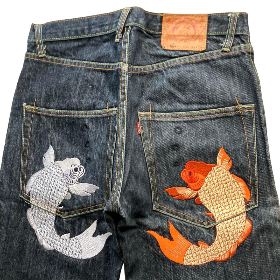 00s EVISU 和柄刺繍 ヘビーオンス ワイドストレートデニム 赤耳 Y2K