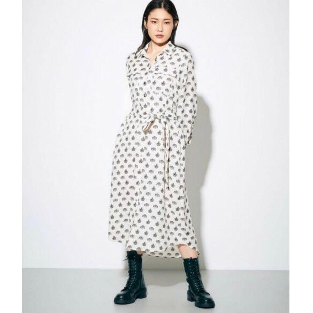 ほぼ未使用　グレースクラス　総柄シャツワンピース ウエストリボン　長袖