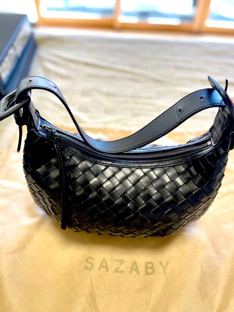 SAZABY 黒 レザー イントレチャートショルダーバッグ