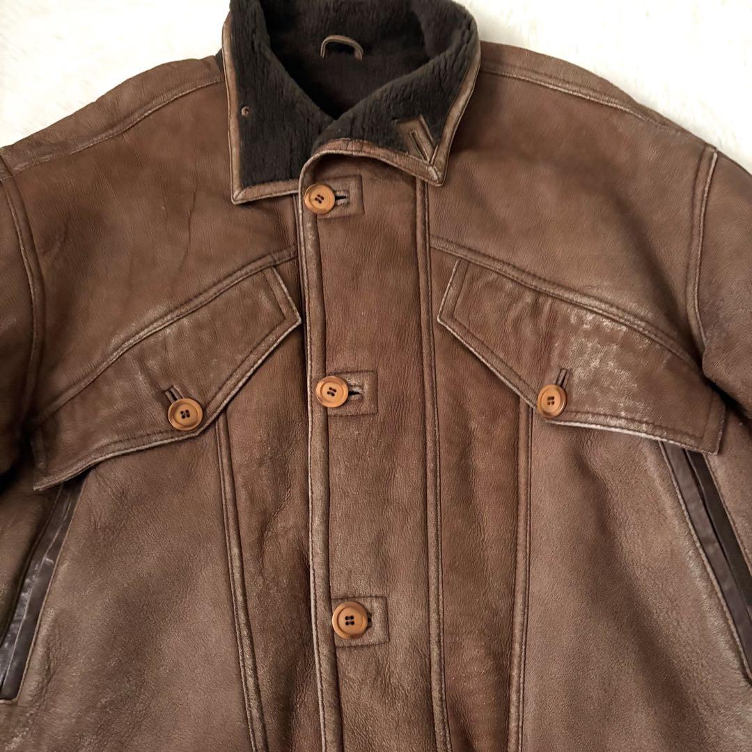 美品☆ムートン 羊革 レザージャケット 裏ボア 本革 ブラウン メンズL〜XL