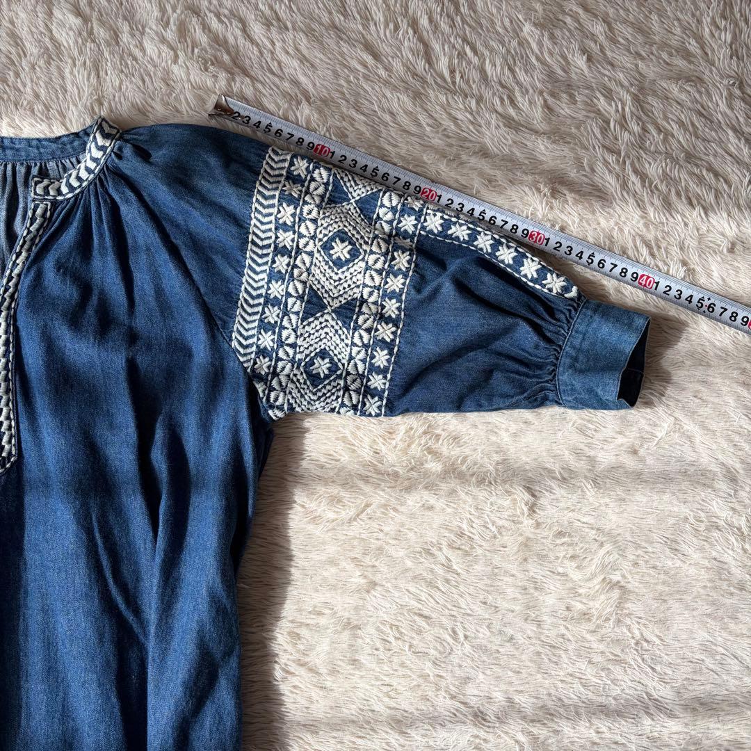 グレースクラス デニム刺繍ワンピース ボリューム袖 七分丈