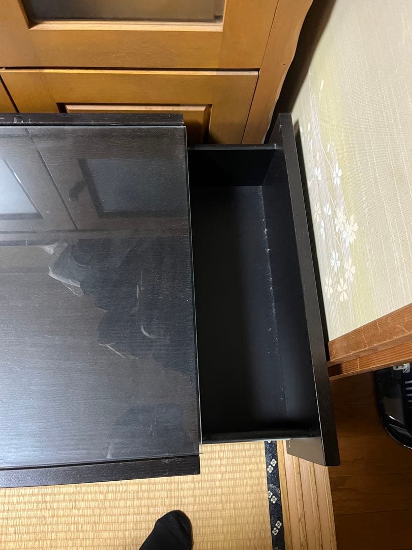 【たくや】 黒いガラス天板キャビネット 中型 2引き出し