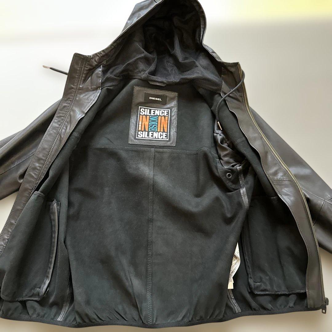 【DIESEL】 フード付きブラックレザージャケット パーカー サイズS 美品
