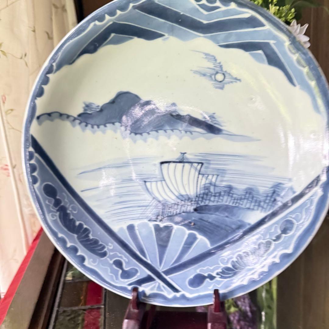 M様へ感謝お嫁入り‼️古伊万里染付呉須　扇面窓絵に帆かけ舟　9寸皿1客　参考資料付